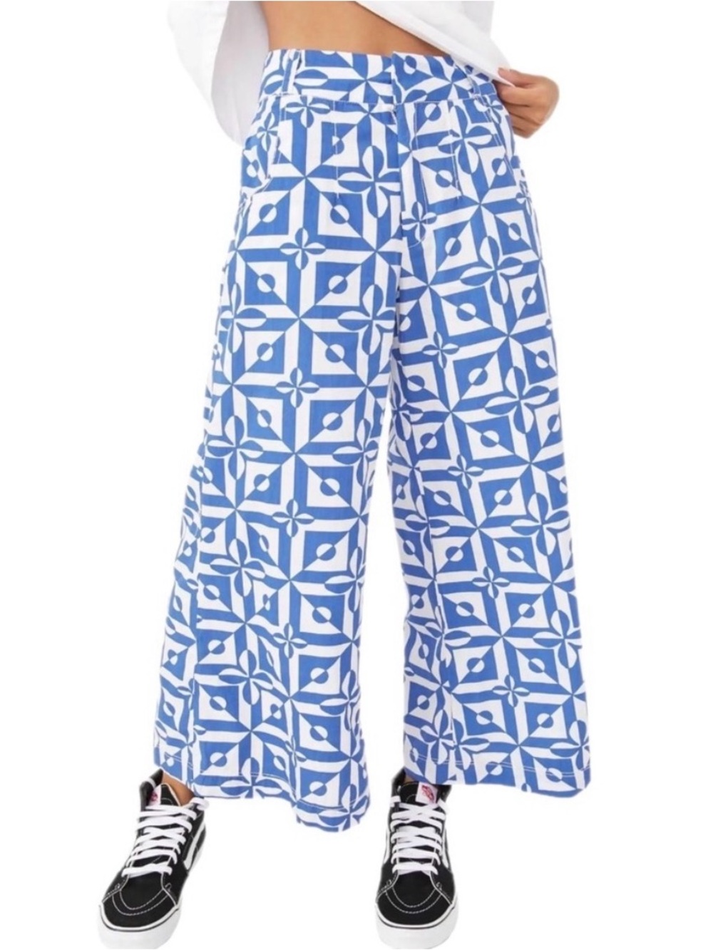 Free People Blue and White Geometric Wide-Leg Cropped Pants